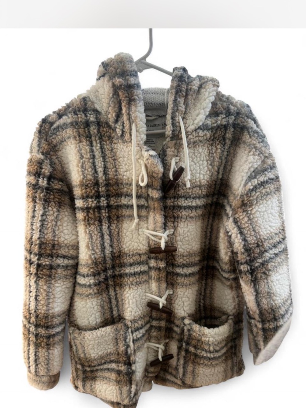 Plaid Sherpa Toggle Jacket in Cream and Brown